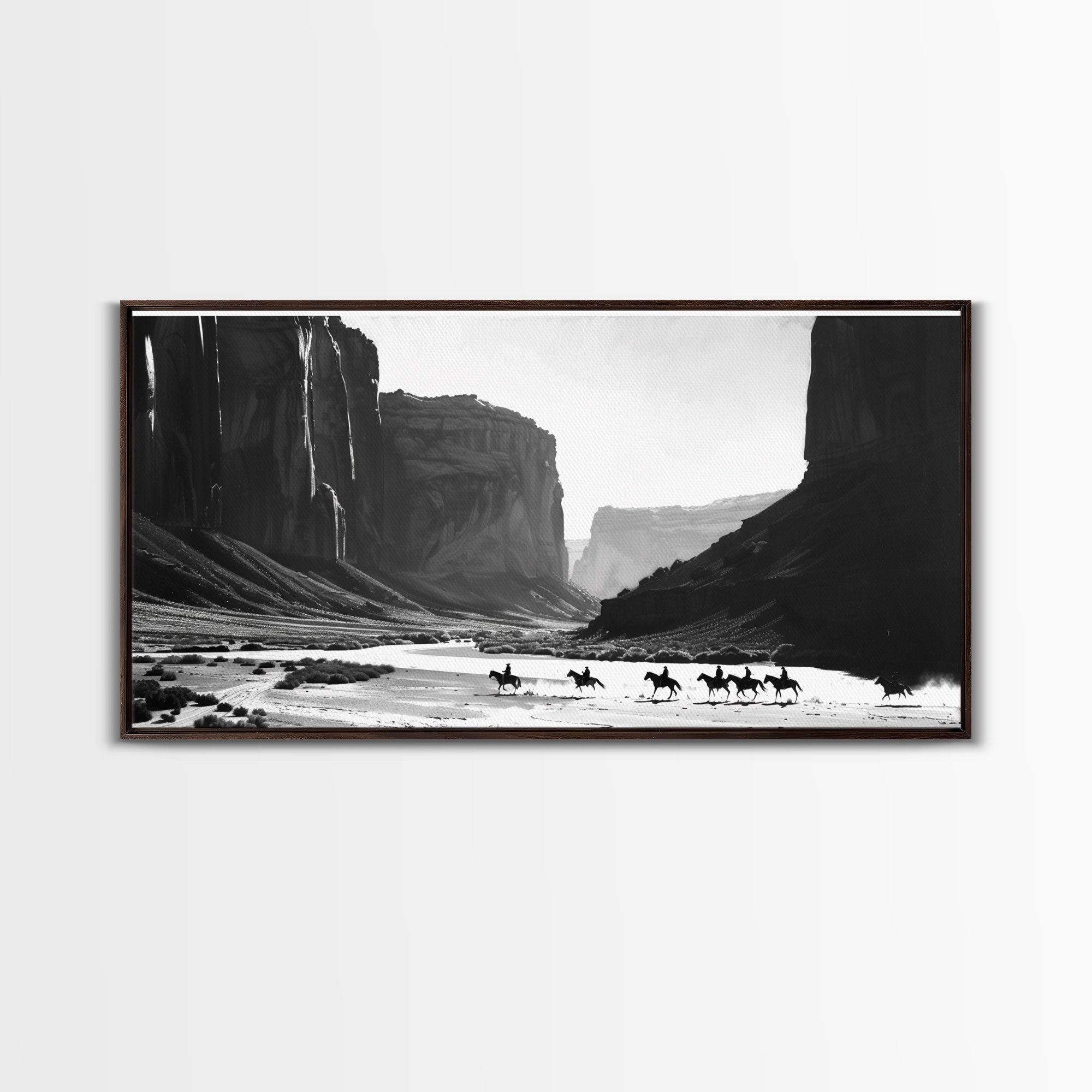 Framed Canvas Print of Cowboys Riding through Canyon, Western Wall Art for Living Room or Bedroom, Unique Home Decor
